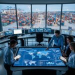 Logistiek controlecentrum met dashboards en data over handmatige data extractie websites in een moderne kamer.