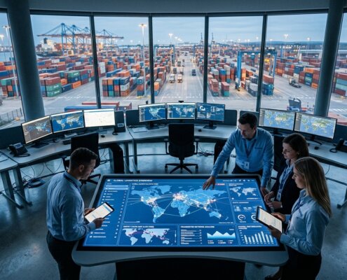 Logistiek controlecentrum met dashboards en data over handmatige data extractie websites in een moderne kamer.