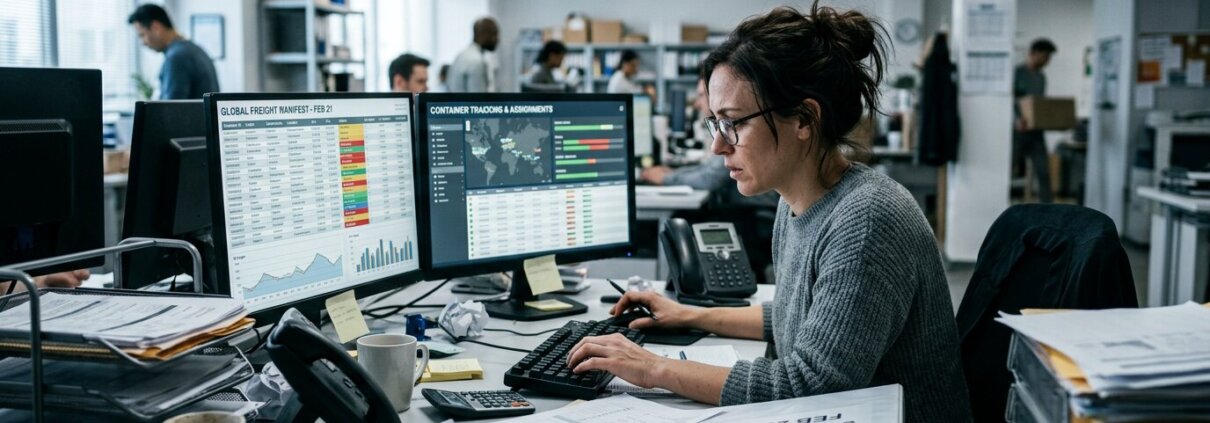 Stressed logistics coordinator at desk illustrating productivity loss due to data inconsistencies in freight forwarding systems.