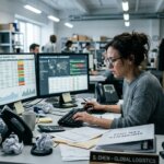 Stressed logistics coordinator at desk illustrating productivity loss due to data inconsistencies in freight forwarding systems.