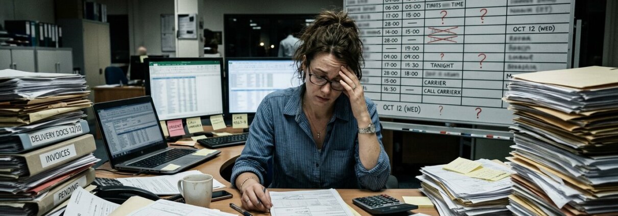 Stressed logistics worker surrounded by stacks of CMR documents due to subcontractor administrative delays in the office