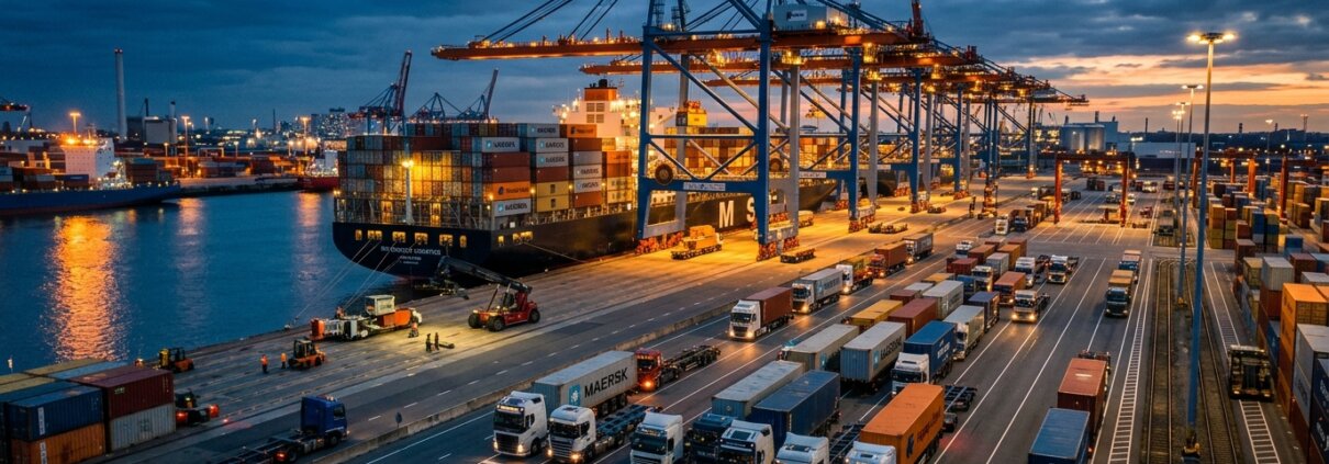 Container terminal at dusk with cranes and trucks demonstrating the risks of unvalidated container data multimodal transport