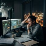 Gestresster Finanzexperte arbeitet nachts am Schreibtisch; hohe Arbeitsbelastung in der Finanzbuchhaltung im Logistikumfeld.