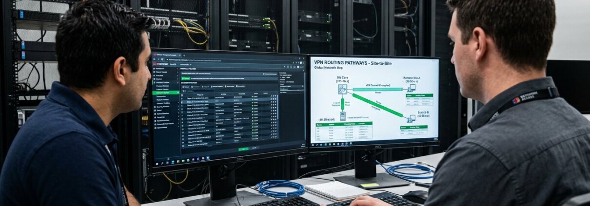 IT professionals configuring ISO 27001 backoffice outsourcing via secure firewalls and VPN connections.