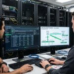 IT professionals configuring ISO 27001 backoffice outsourcing via secure firewalls and VPN connections.