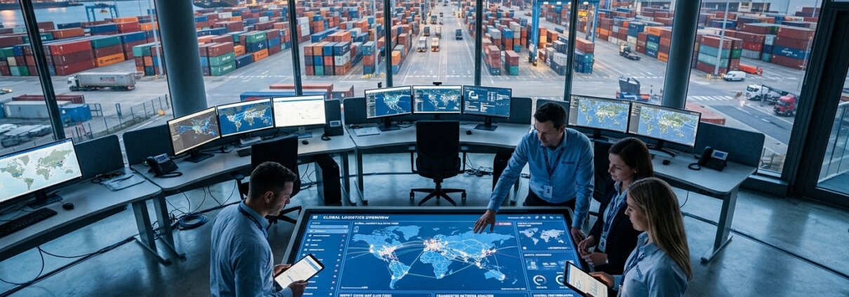 Logistik-Kontrollzentrum mit interaktiven Dashboards und Statistiken über die manuelle Datenextraktion von Websites in einem hochmodernen Kontrollraum.