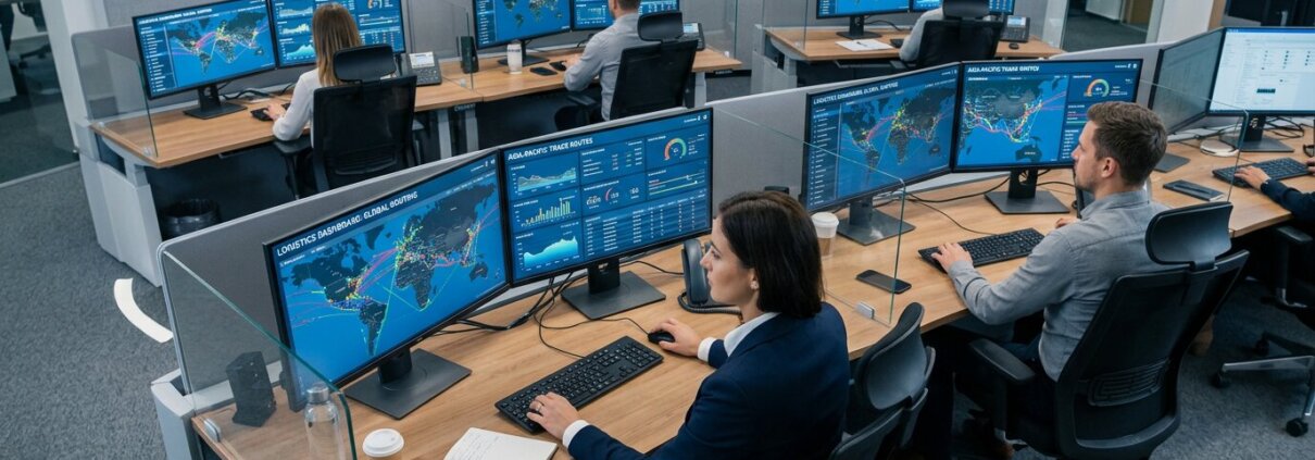 Spezialisten in einem Kontrollraum, die an Doppelbildschirm-Dashboards unstrukturierte Kundendaten migrieren.