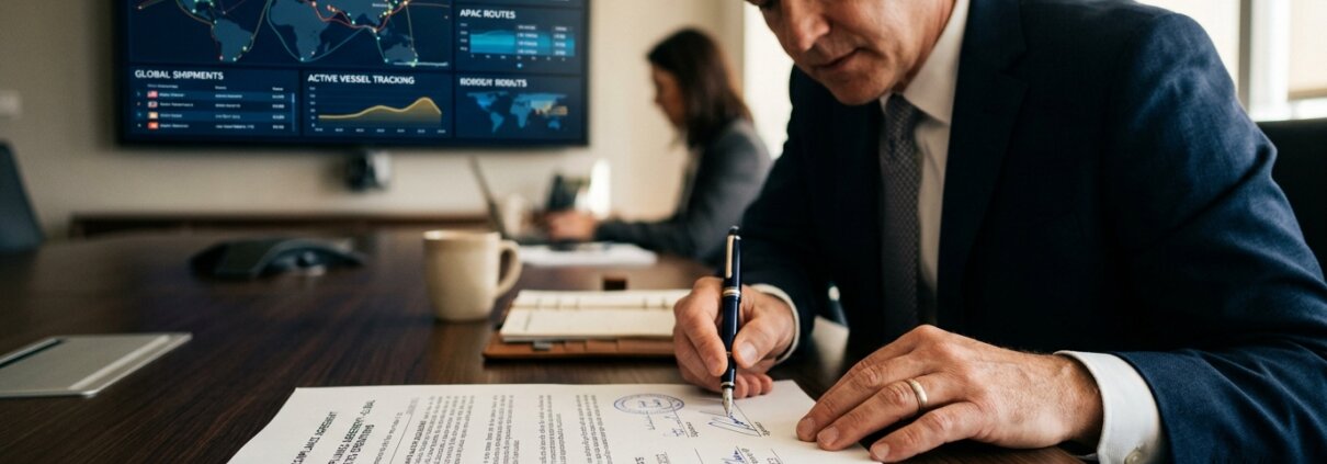 Führungskraft unterzeichnet Compliance-Dokument mit einem Dashboard zur NIS2-Richtlinie in der Logistik Supply Chain im Hintergrund.