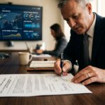 Führungskraft unterzeichnet Compliance-Dokument mit einem Dashboard zur NIS2-Richtlinie in der Logistik Supply Chain im Hintergrund.