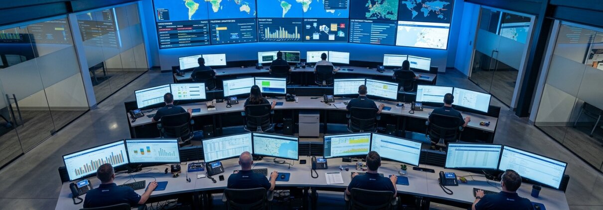 Operators in a logistics control room monitor dashboards to optimize logistics product data.