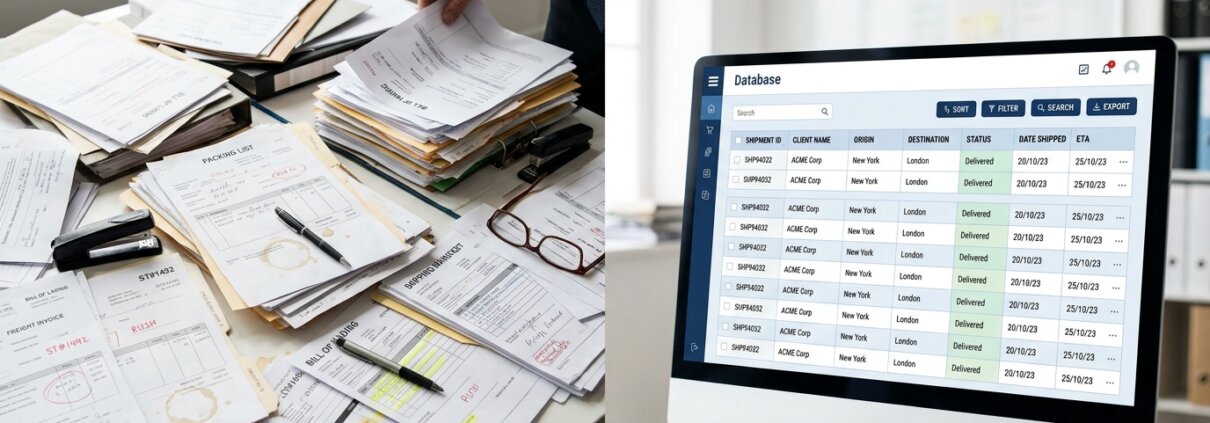 Chaos in customer-specific transport orders versus a structured digital database in a split screen.