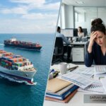 Containerschiffe auf See neben einem Logistikmitarbeiter mit komplexen Tabellen; administrativer Aufwand durch neue Reedereien.