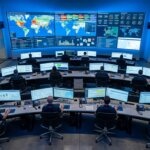 Operatoren in einem Logistik-Kontrollzentrum überwachen Dashboards, um Produktdaten in der Logistik zu optimieren.