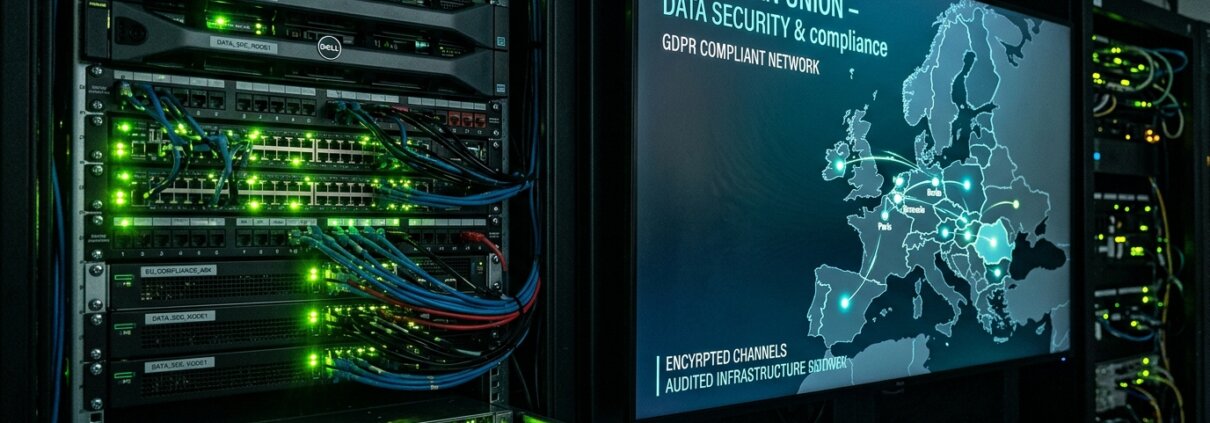 Server-Rack mit grünen Lichtern neben einer digitalen EU-Karte; Retouren durch fehlerhafte Produktdaten vermeiden.