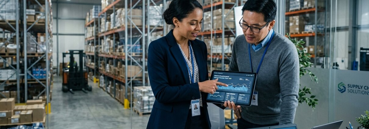 Supply chain managers analyzing returns logistics administrative bottlenecks on a tablet in a modern warehouse.
