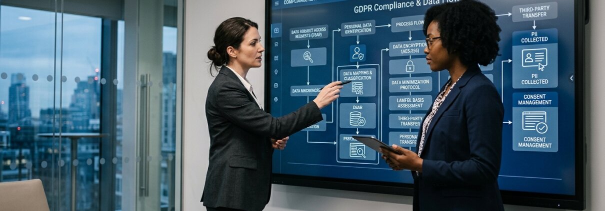 Professionals reviewing compliance flowcharts on a monitor to prevent shadow IT data extraction.
