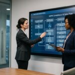 Professionals reviewing compliance flowcharts on a monitor to prevent shadow IT data extraction.