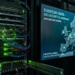 Server rack with green lights next to a digital EU map; prevent product returns due to inaccurate data.