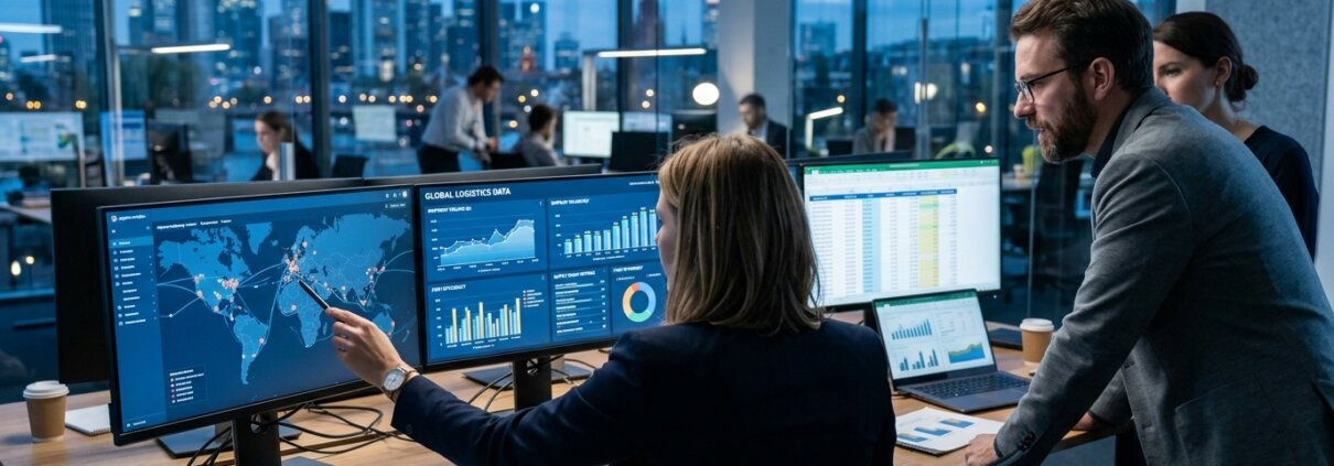 Financial experts analyzing logistics accruals data on multiple screens in a modern office.