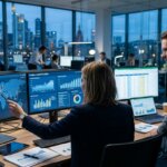 Financial experts analyzing logistics accruals data on multiple screens in a modern office.