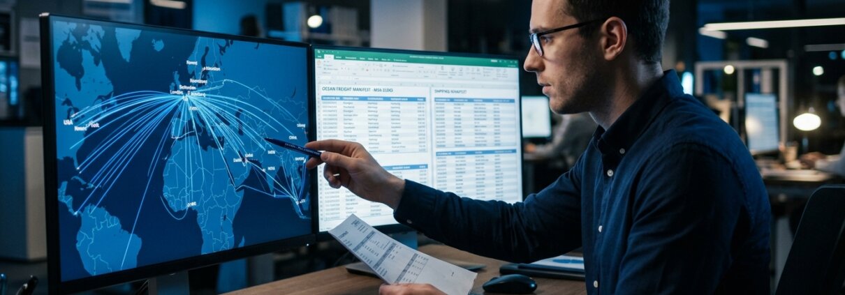 Freight forwarder reviewing the risks of data processing outside the EU on a digital world map displaying data flows on a monitor.