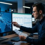 Freight forwarder reviewing the risks of data processing outside the EU on a digital world map displaying data flows on a monitor.