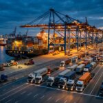 Containerterminal in der Dämmerung mit Kränen und Lkw, die Risiken durch unvalidierte Containerdaten im multimodalen Transport aufzeigen