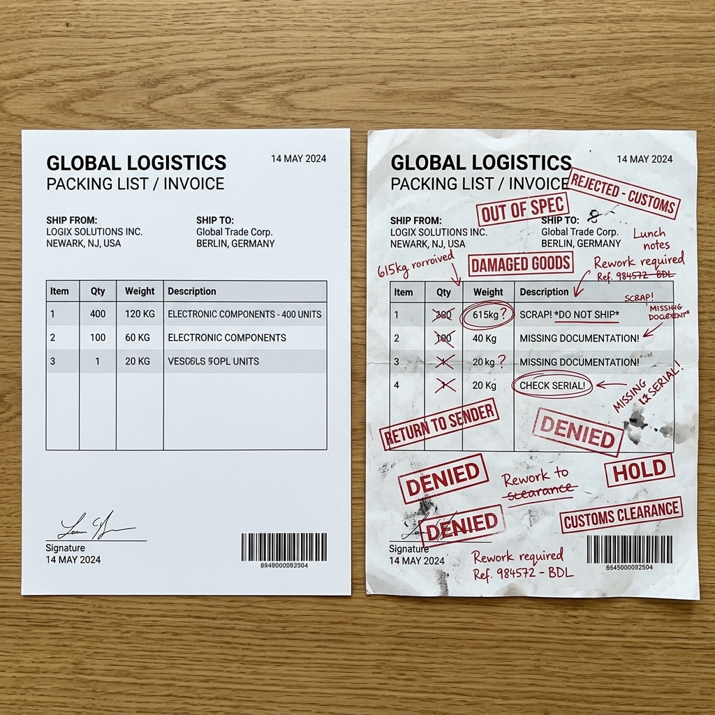 Two logistics documents side-by-side on a wooden desk, illustrating margin loss in automated invoice processing due to errors.