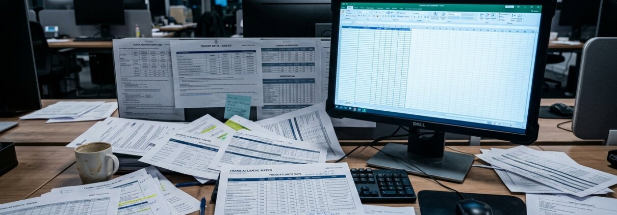 Bureau met logistieke tarieven en een Excel-spreadsheet voor kostencalculatie internationale tenders in volle chaos.