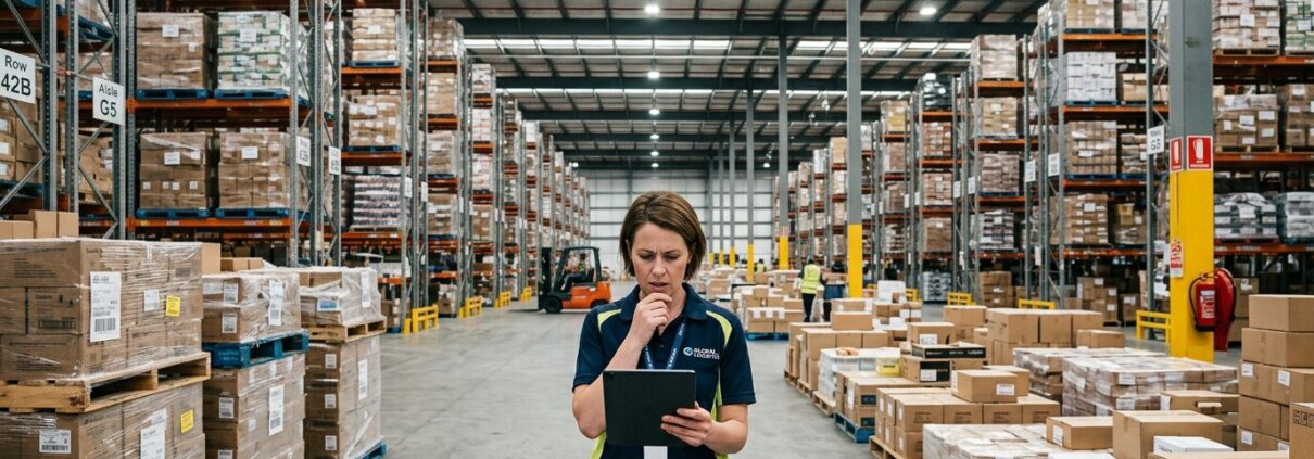 Magazijnmanager met tablet bij pallets; vertraging productlancering door masterdata in groot logistiek distributiecentrum.