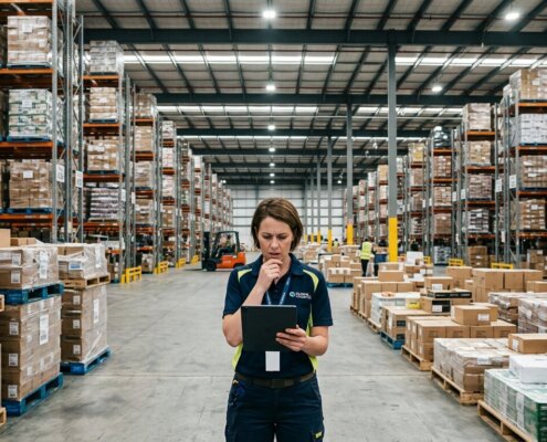 Magazijnmanager met tablet bij pallets; vertraging productlancering door masterdata in groot logistiek distributiecentrum.