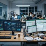 Digitale dashboards naast een rommelig bureau met Excel-lijsten, illustratief voor schaduwadministratie logistiek.