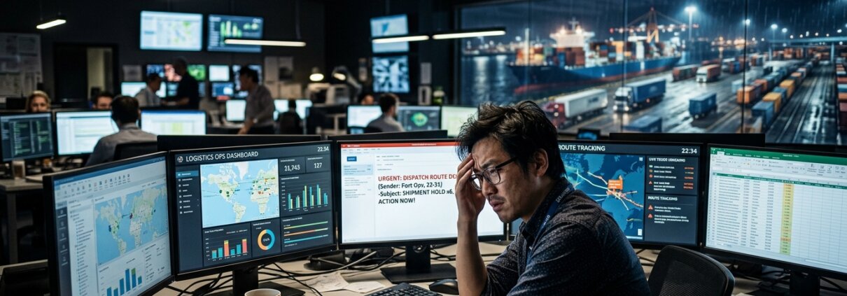 Gestresste transportplanner verbetert order-intake snelheid logistiek bij monitoren in een drukke control tower.