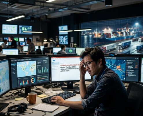 Gestresste transportplanner verbetert order-intake snelheid logistiek bij monitoren in een drukke control tower.
