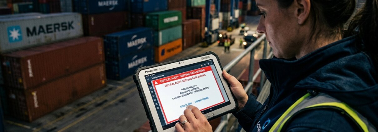 Logistiek manager kijkt naar foutmelding door personeelstekort logistiek administratie bij gestapelde containers.