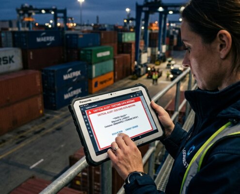 Logistiek manager kijkt naar foutmelding door personeelstekort logistiek administratie bij gestapelde containers.