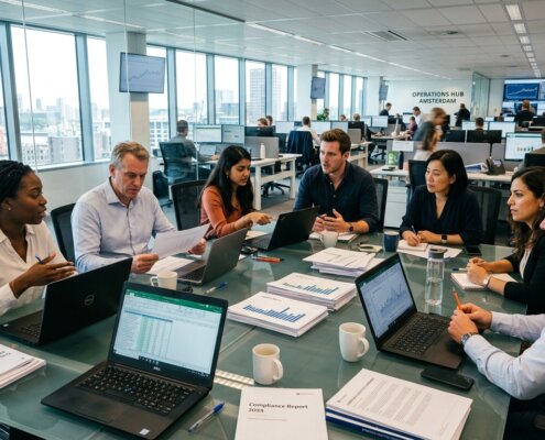 Logistiek team in kantoor bespreekt HS codering automatiseren met AI aan de hand van compliance documenten.