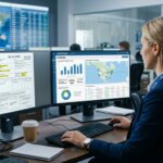 Data analist in controlekamer die documenten verwerkt voor CSRD data verzamelen logistiek op dashboards.