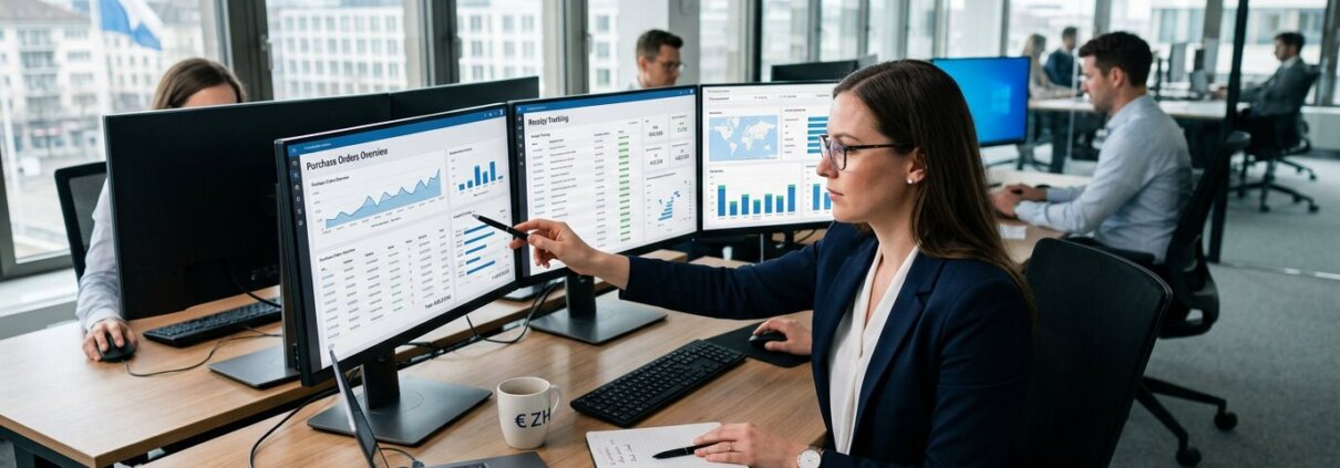 Ein Finanzexperte analysiert in einem modernen Büro Dashboards, um Probleme bei 3-Way-Matching-Rechnungen zu lösen.