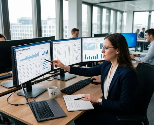 Ein Finanzexperte analysiert in einem modernen Büro Dashboards, um Probleme bei 3-Way-Matching-Rechnungen zu lösen.