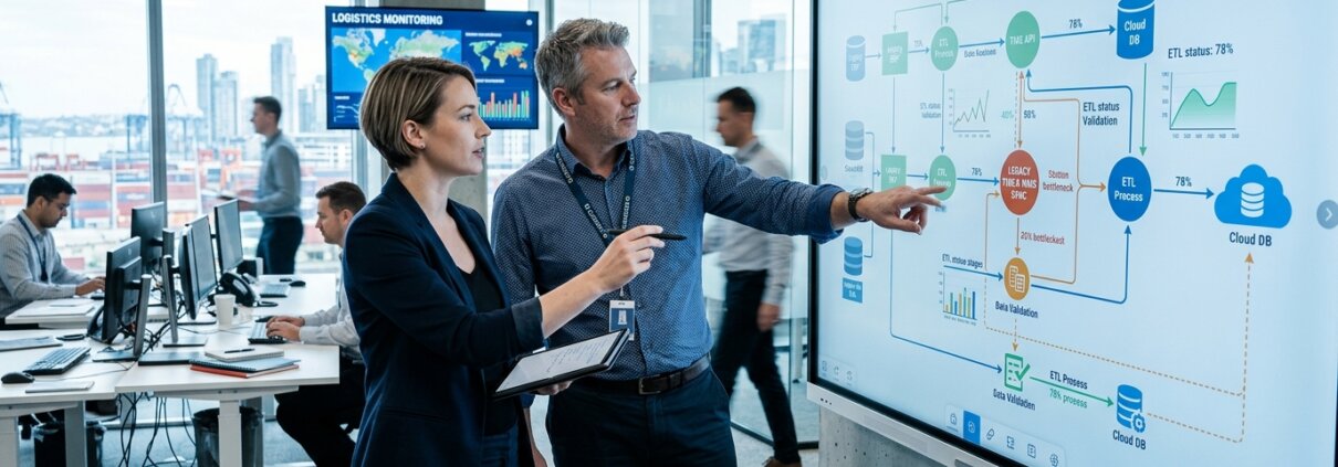 Strategen analyseren flowchart om verlies audit trail bij software migratie te voorkomen in een modern kantoor.