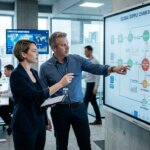 Strategen analyseren flowchart om verlies audit trail bij software migratie te voorkomen in een modern kantoor.