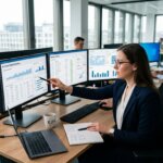 Financieel expert analyseert dashboards om problemen bij 3 way matching facturen op te lossen in een modern kantoor.