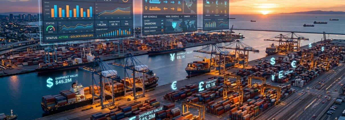 Digitale dashboards boven een containerhaven voor zeevracht toeslagen invoeren in een logistiek softwareoverzicht.