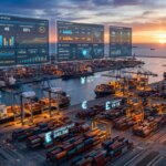 Digitale dashboards boven een containerhaven voor zeevracht toeslagen invoeren in een logistiek softwareoverzicht.