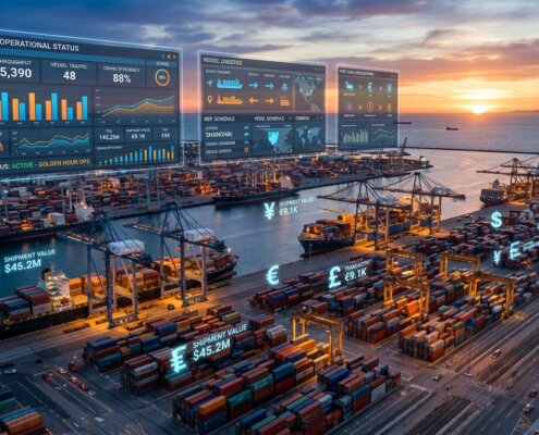 Digitale dashboards boven een containerhaven voor zeevracht toeslagen invoeren in een logistiek softwareoverzicht.