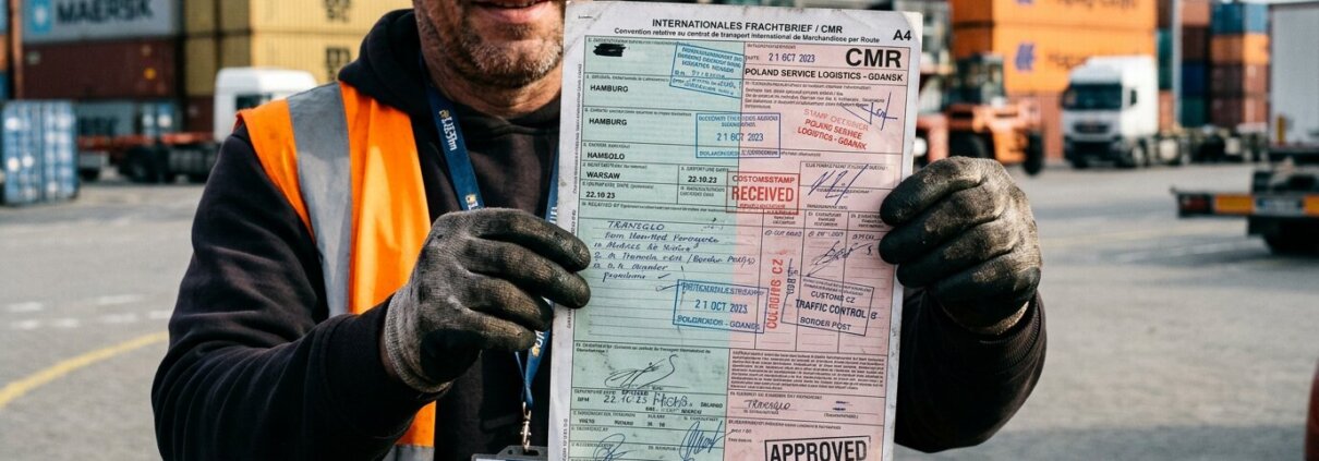 Logistiek medewerker met gestempeld CMR-document voor een container, cruciaal voor OCR template beheer logistiek.