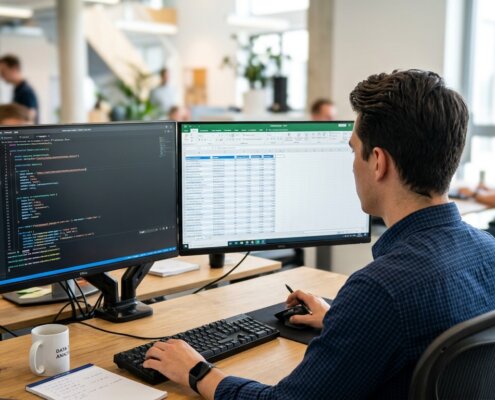 Analist vergelijkt prijsdata op monitoren om manieren te vinden waarop shops minimum advertised price omzeilen.