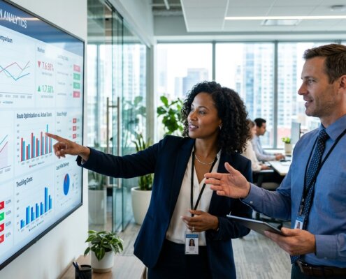 Supply chain analisten bij digitaal scherm voor een kosten beheer zeevrachttarieven analyse in een modern kantoor.