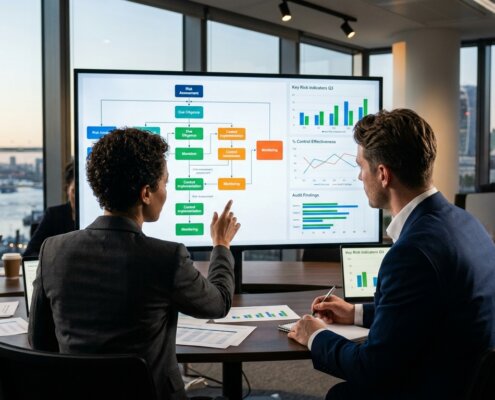 Compliance professionals analyseren data voor KYC dossieropbouw uitbesteden in een modern kantoor.